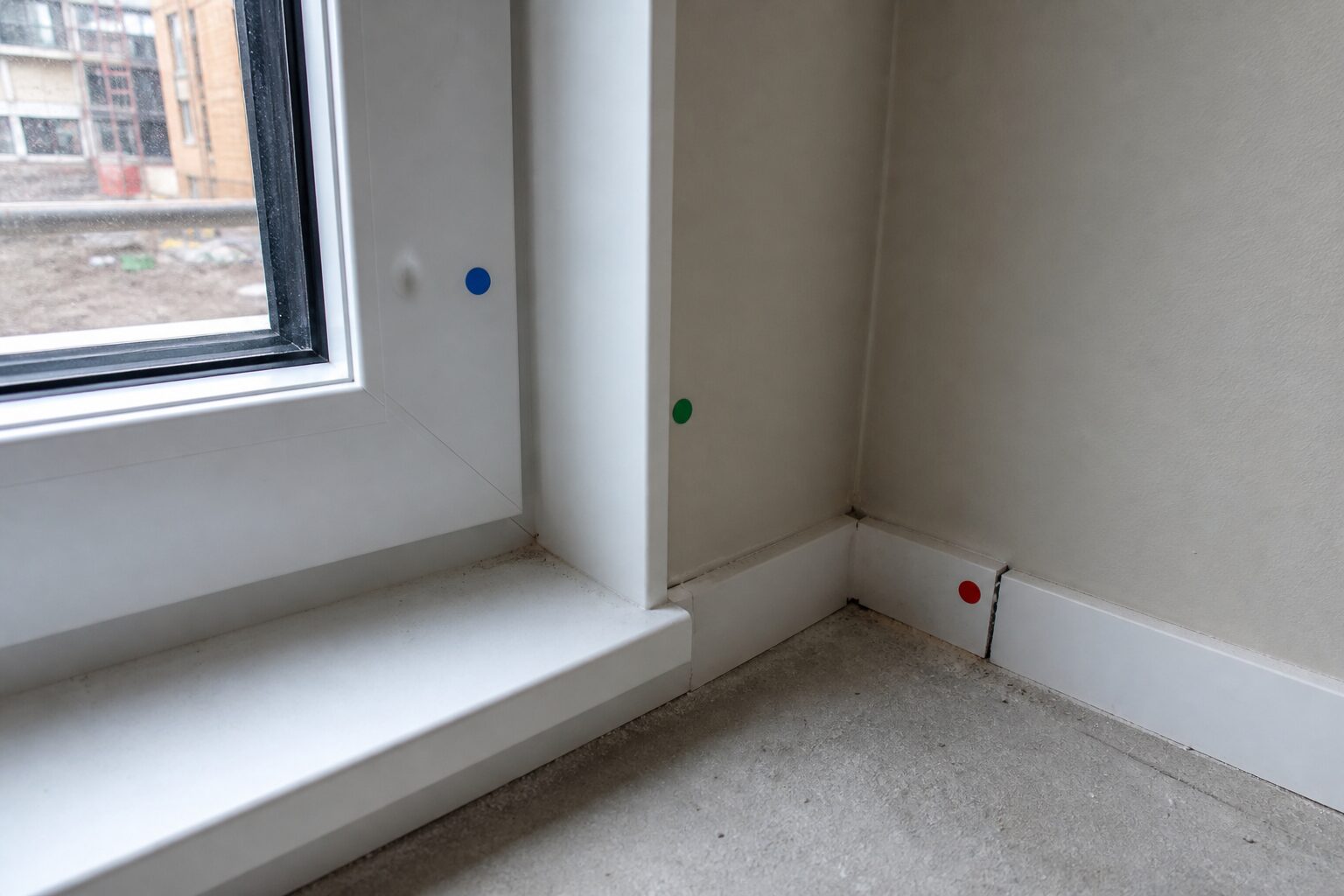 Fensterrahmen, Laibung und Sockelleiste einer fertigen Wohnung mit farbigen Klebepunkten an drei Mangelstellen