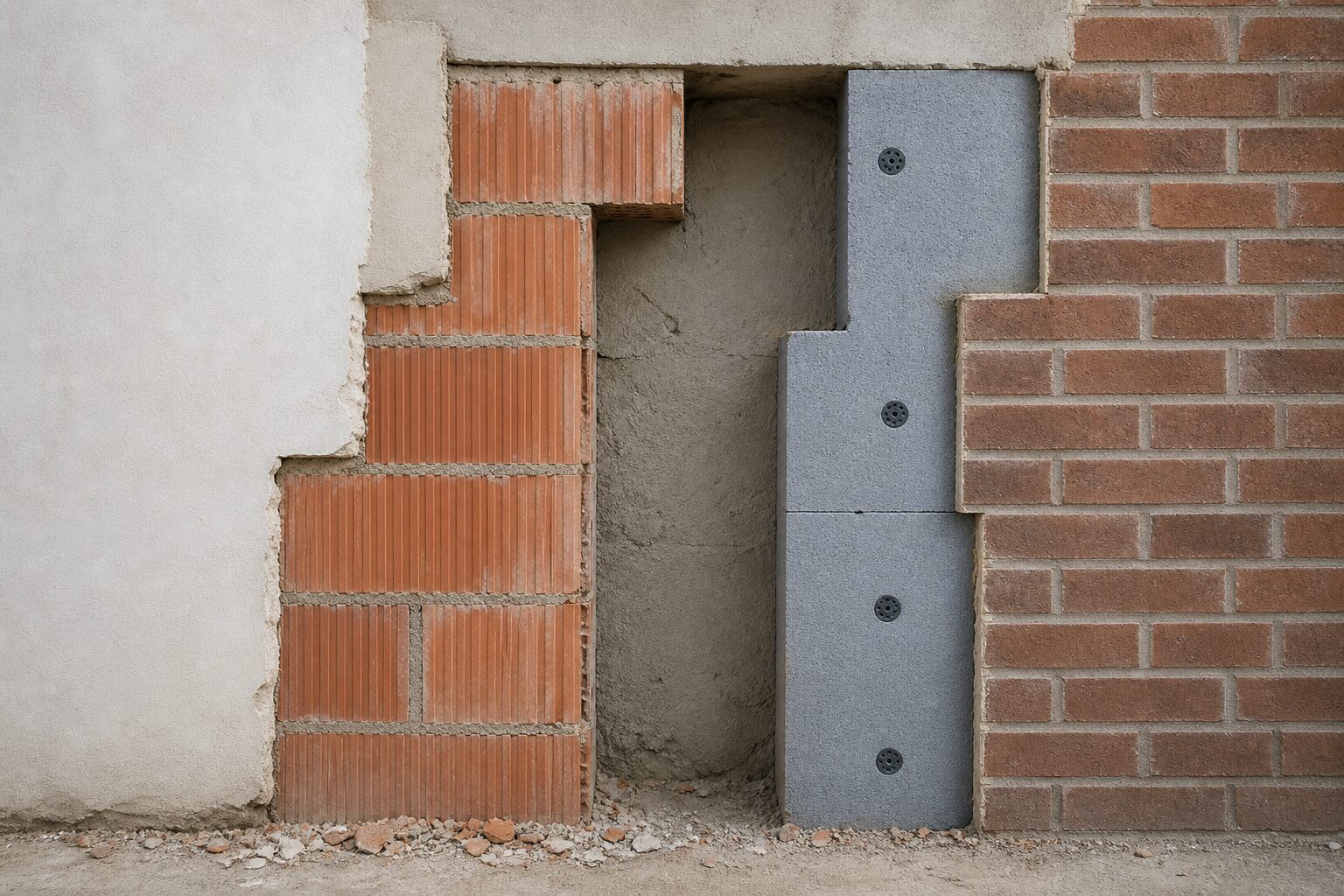 Geöffneter Wandaufbau mit stufenweise freigelegten Schichten: Innenputz, Hochlochziegel, Luftschicht, Dämmplatte, Verblendmauerwerk