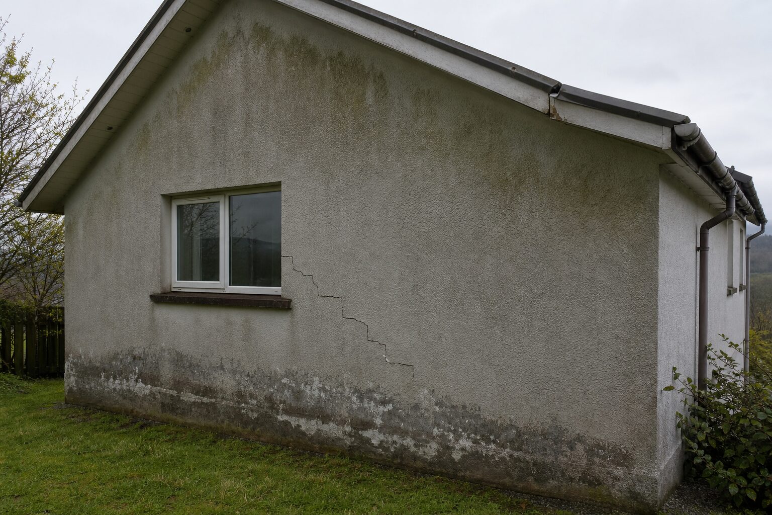 Hausgiebel mit treppenförmigem Riss über der Fensterecke, feuchtem Sockel und Algen unter der Traufe