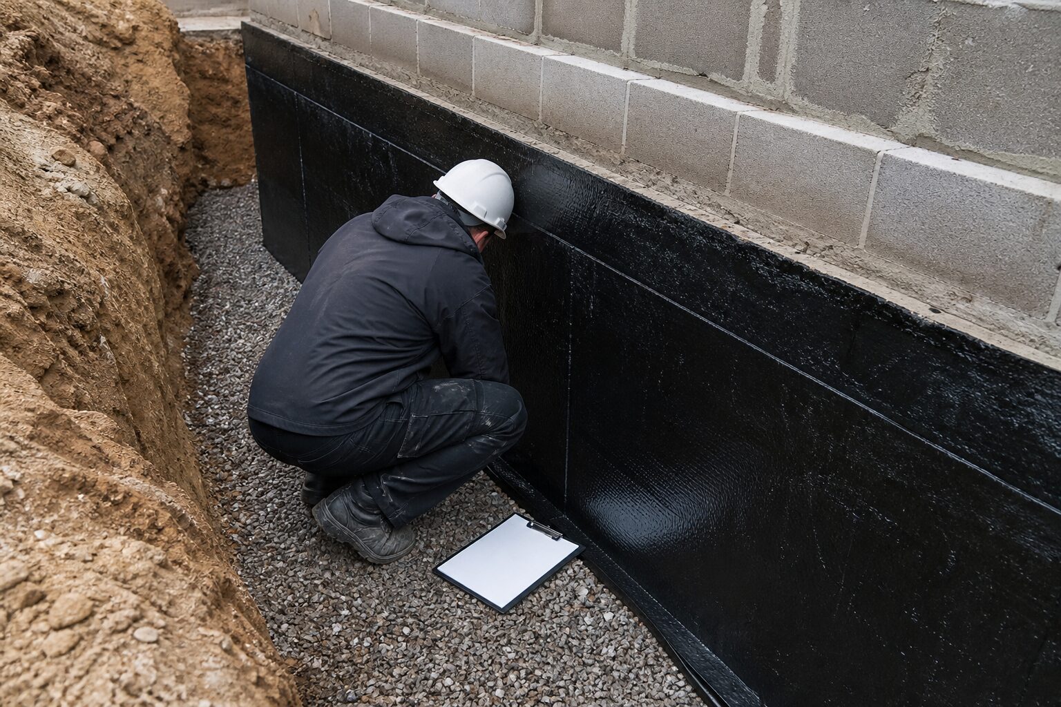 Sachverständiger prüft die schwarze Bitumenabdichtung einer Kelleraußenwand im offenen Arbeitsraum