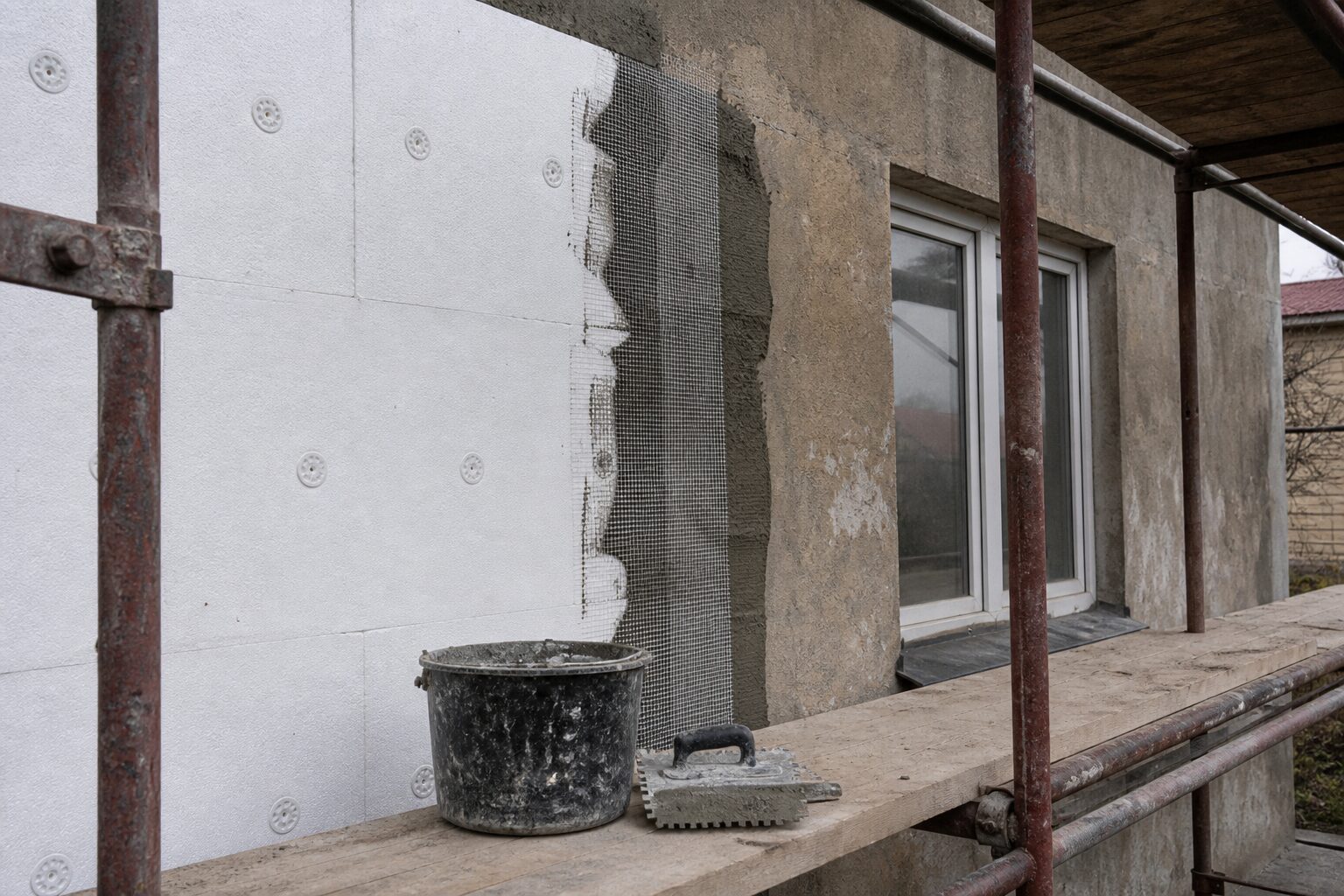 Fassade während der Dämmarbeiten: links verklebte und verdübelte Dämmplatten, rechts alter Putz, dazwischen eingebettetes Armierungsgewebe, davor ein Gerüst