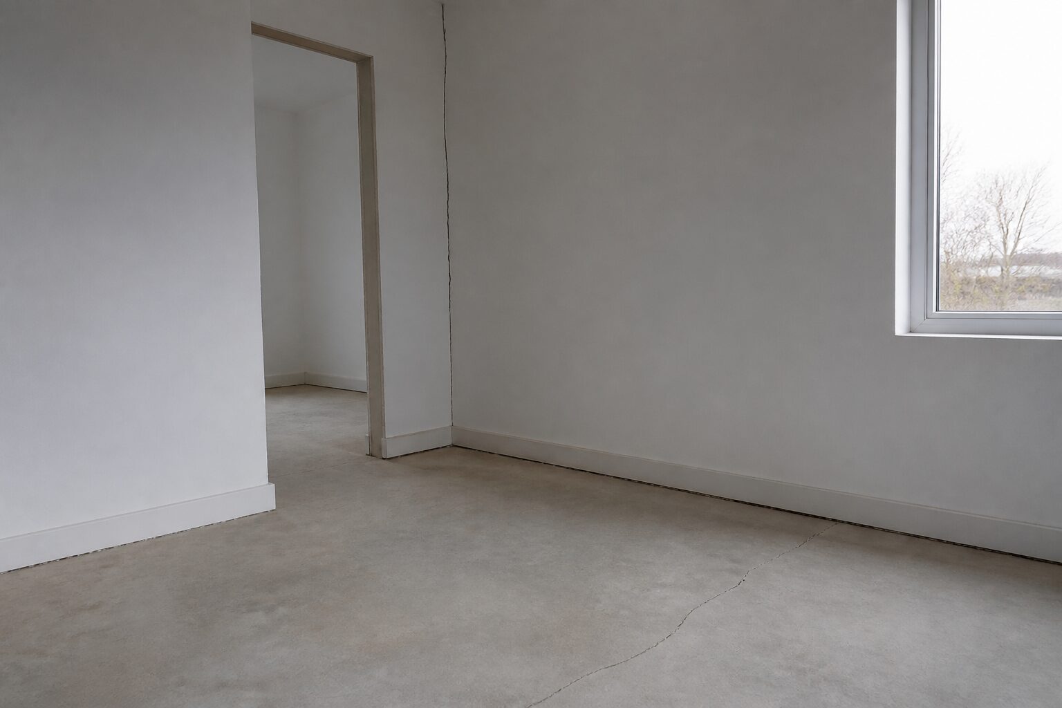 Unbewohnter Neubauraum mit langem Riss in der Wand über dem Türsturz, Riss im Estrich und ungleichmäßiger Fuge an der Sockelleiste