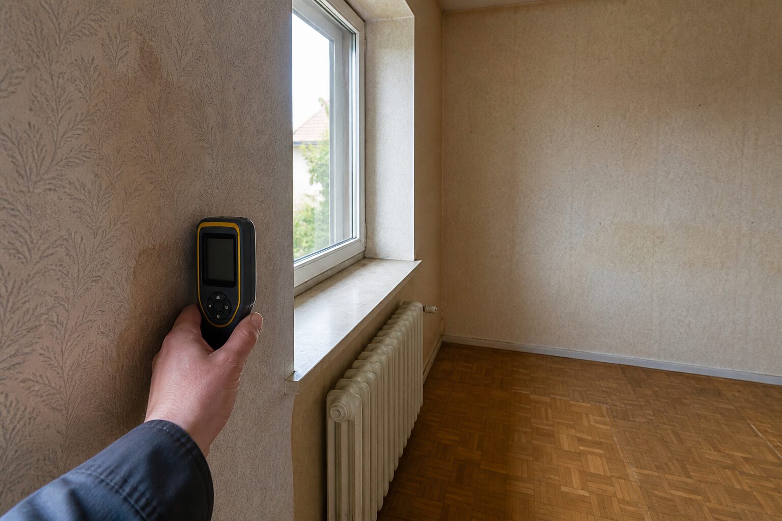 Feuchtemessgerät wird bei einer Hausbesichtigung an die Außenwand neben dem Fenster gehalten