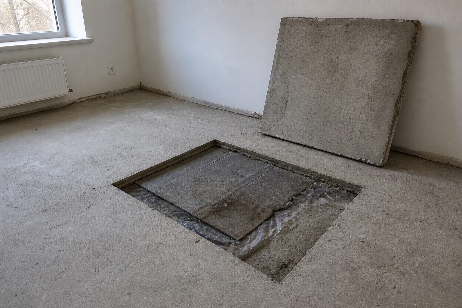 Geöffneter Fußbodenaufbau in einem leeren Raum: herausgeschnittene Estrichplatte, darunter Trittschalldämmung, aufgerissene Trennlage und Betondecke
