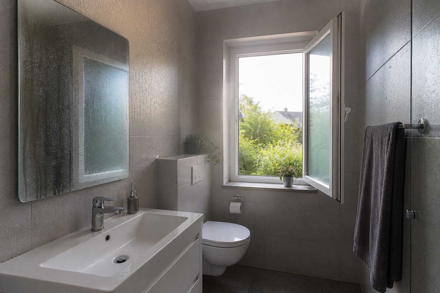 Badezimmer nach dem Duschen mit weit geöffnetem Fenster und beschlagenem Spiegel