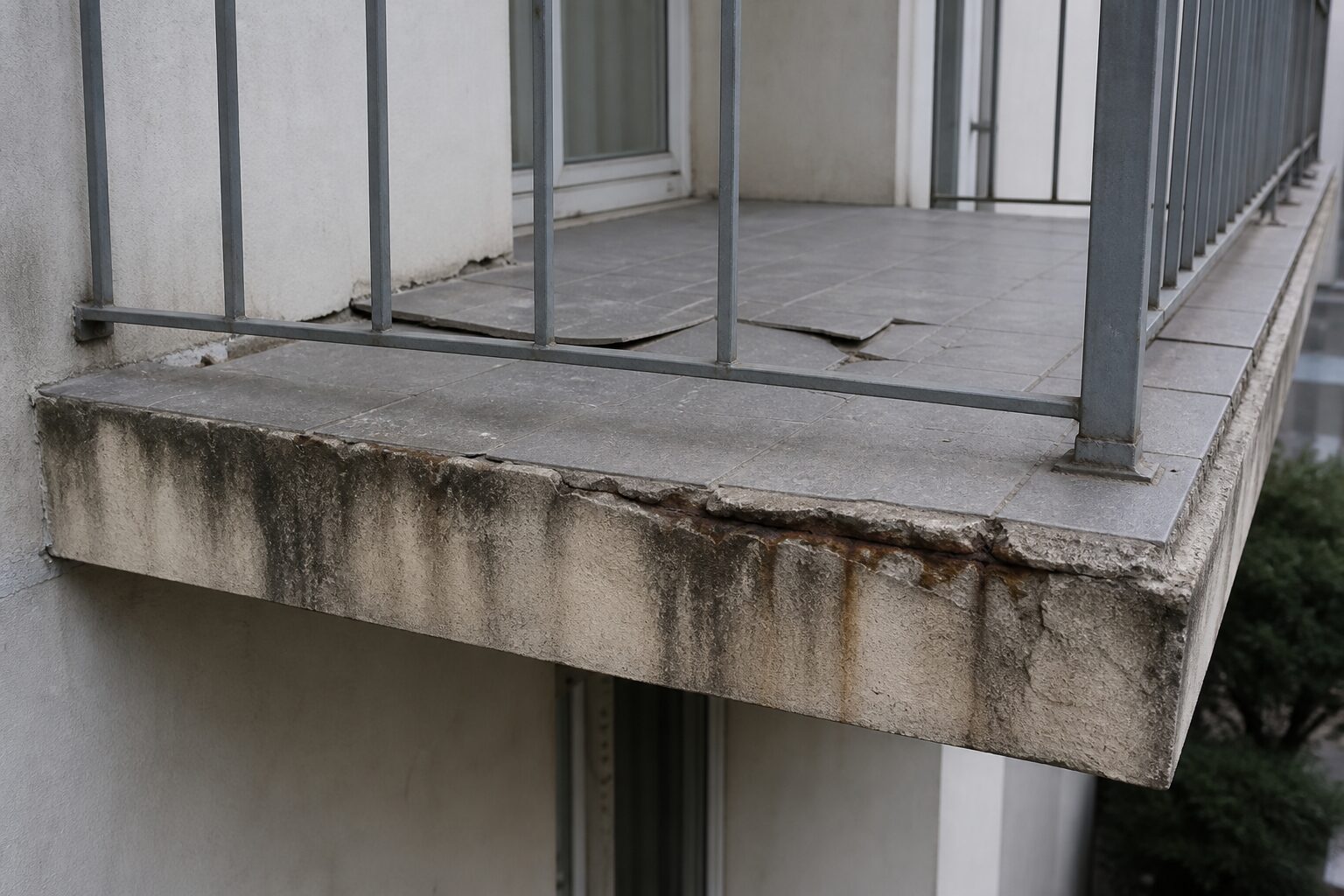 Balkonplatte mit abgeplatzter Betonkante, Rostspur im Riss und dunklen Wasserspuren an der Untersicht
