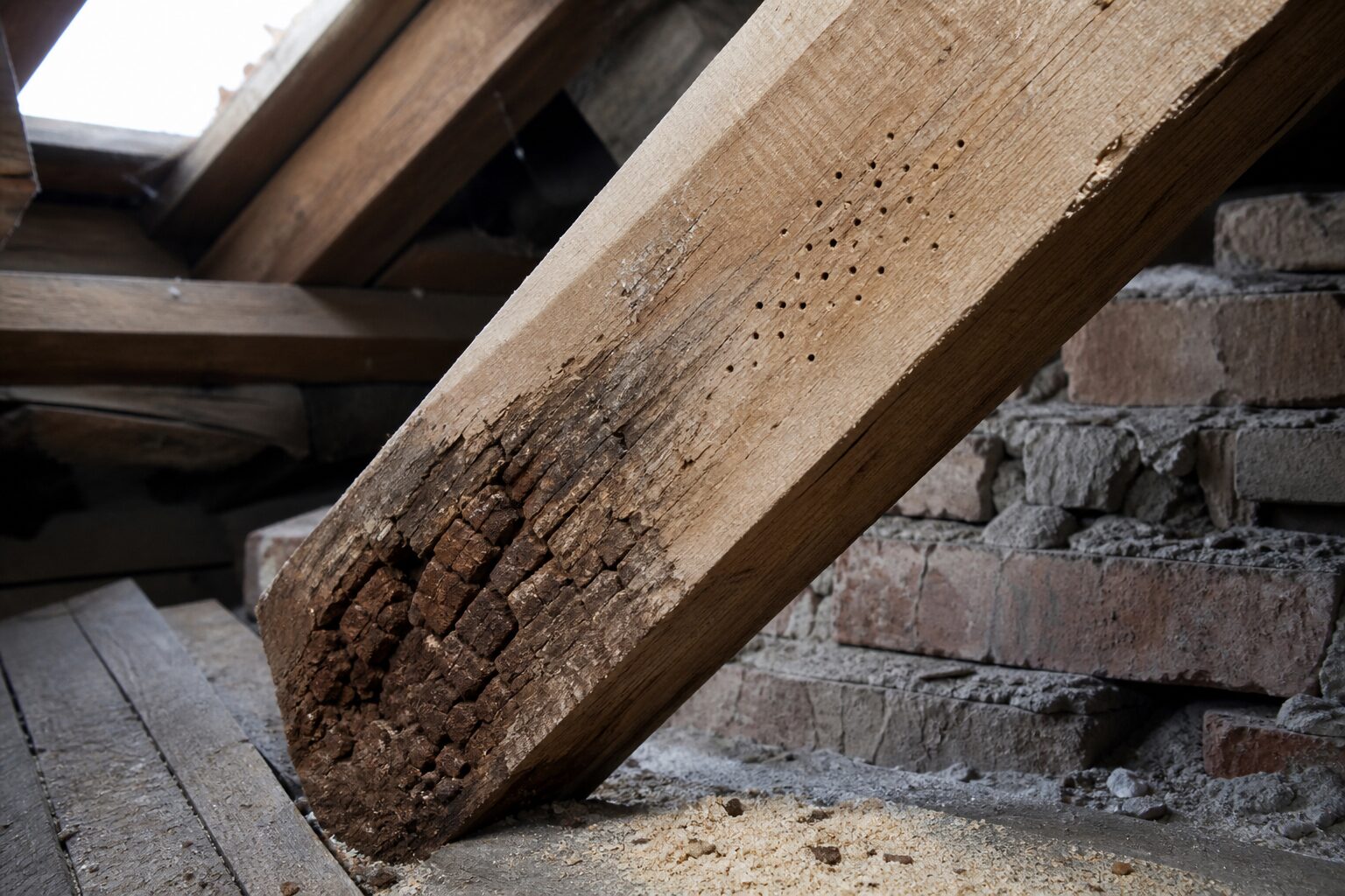 Dachsparren mit braunfaulem, würfelartig aufgerissenem Holz und runden Ausfluglöchern von Insekten