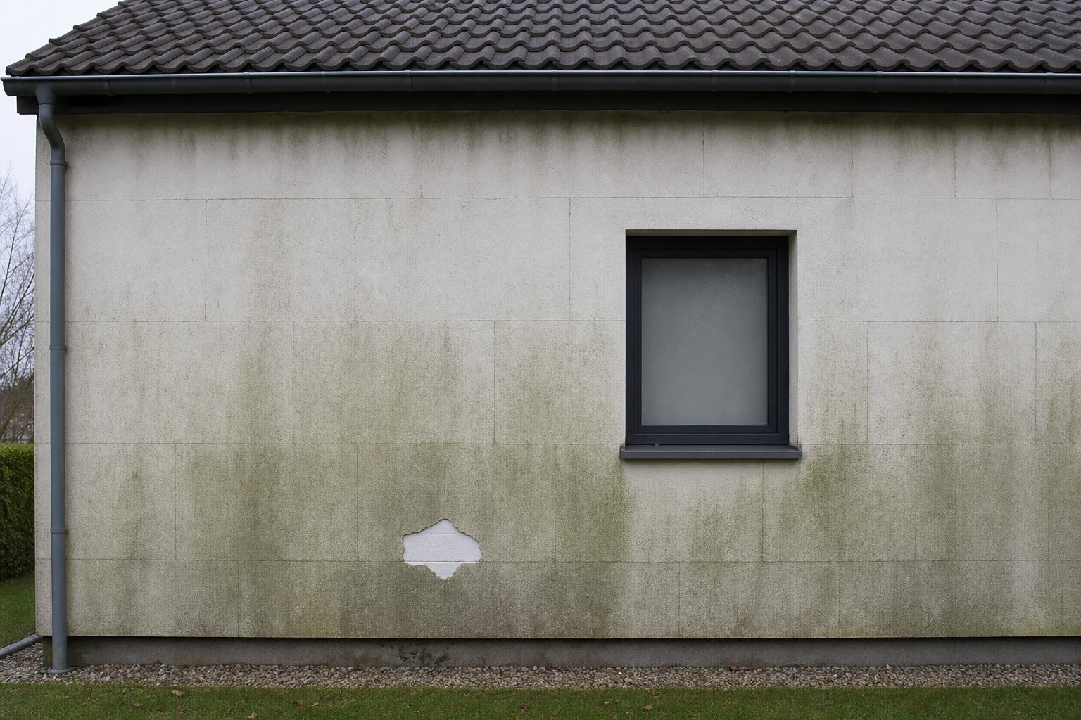 Fassade mit Wärmedämmverbundsystem, Algenbewuchs und Rissen entlang der Dämmplattenfugen