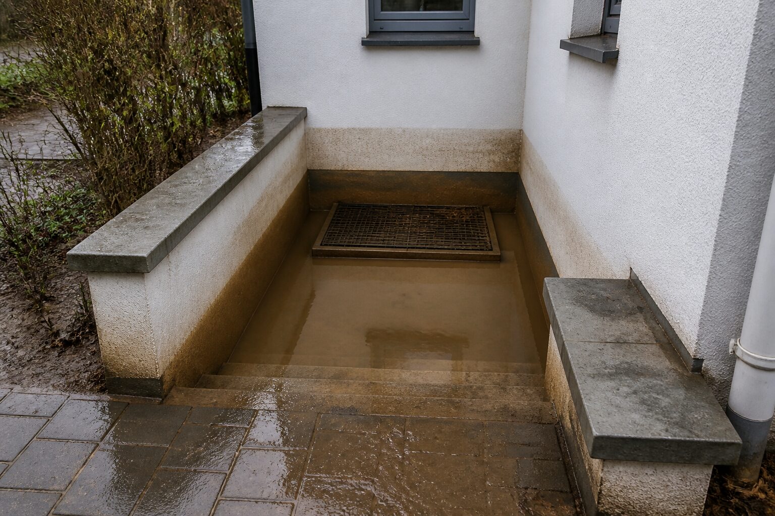 Kellertreppe und Lichtschacht unter braunem Wasser nach Starkregen, Schlammrand am Sockel