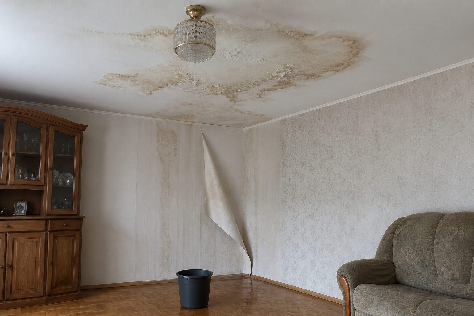 Wohnzimmerdecke mit großem braun umrandetem Feuchtefleck, darunter gelöste Tapete und ein Eimer auf dem Parkett