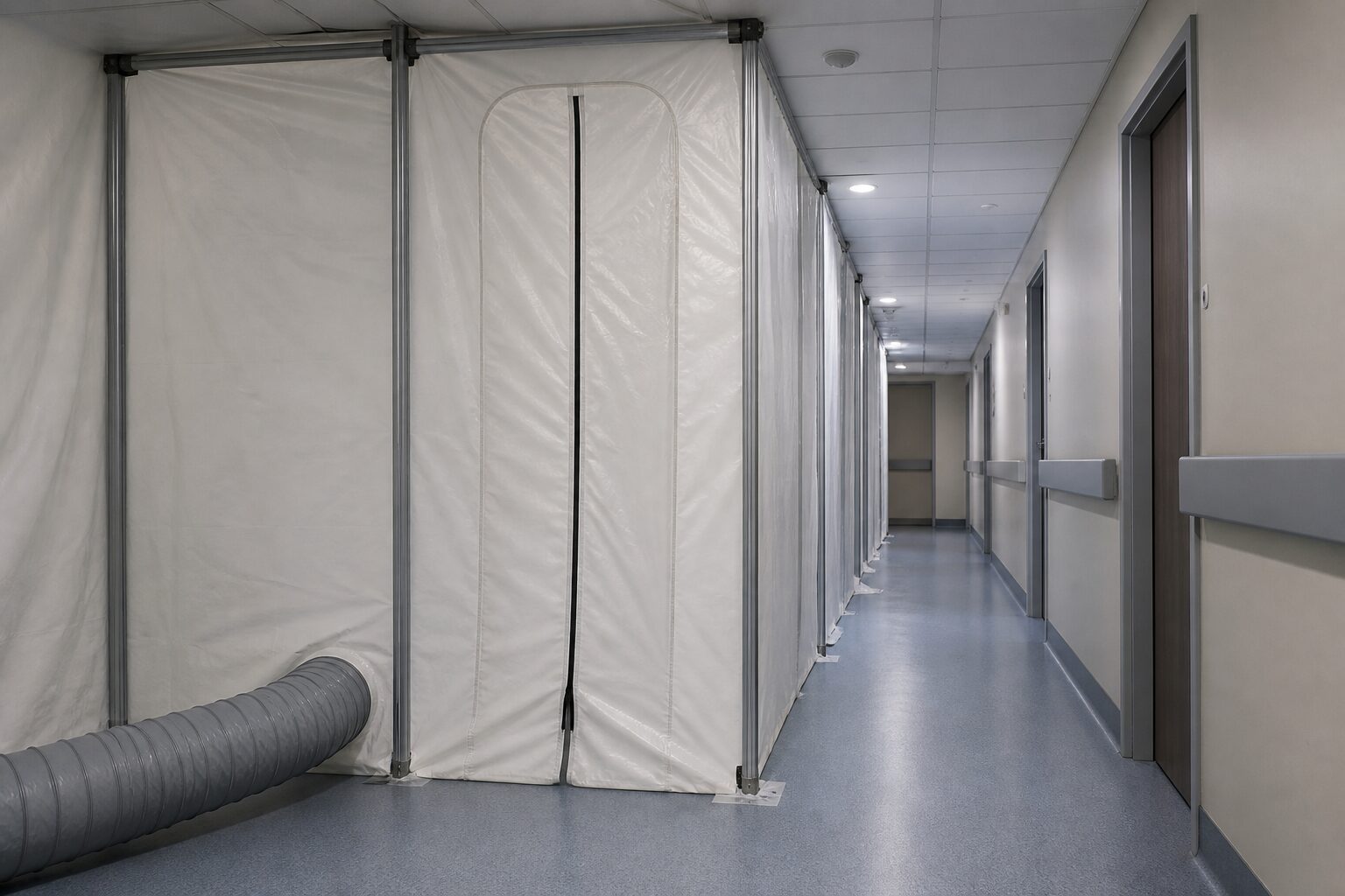 Klinikflur mit raumhoher Staubschutzwand aus weißer Folie, geschlossener Reißverschlusstür und Unterdruckschlauch am Boden