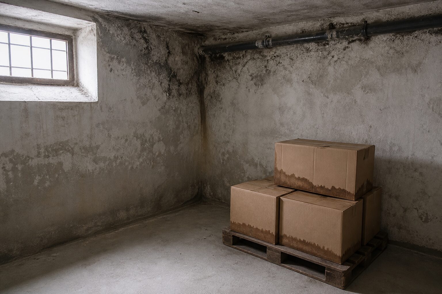Unbeheizter Kellerlagerraum mit fleckigem Schimmelbeschlag an der Wandecke und an einer kalten Leitung, Kartons auf einer Palette mit Feuchterändern