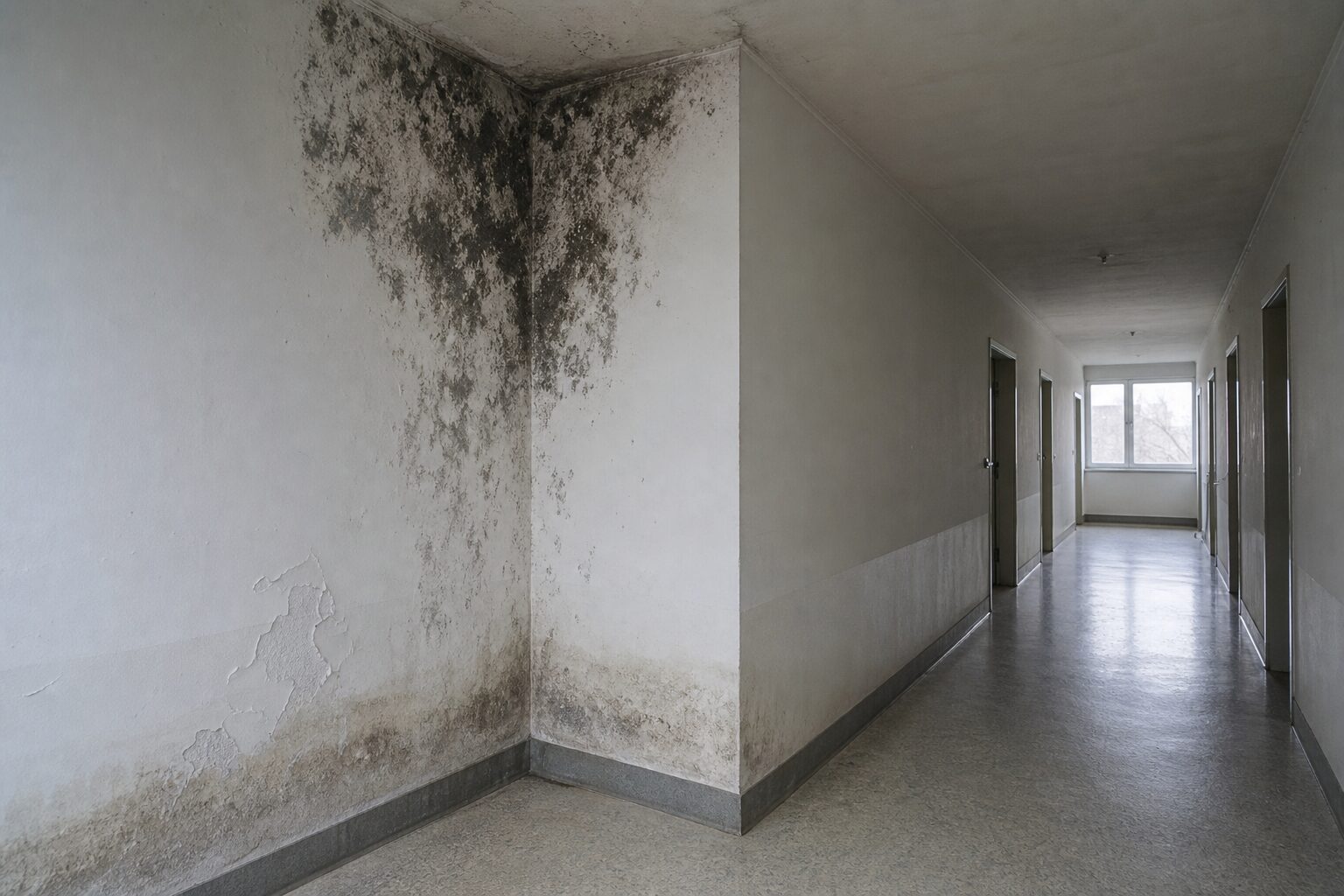 Flur eines größeren Gebäudes, in der Wandecke bis zur Decke dunkler Schimmelbefall, darunter abblätternde Farbe und ein Feuchterand über der Sockelleiste
