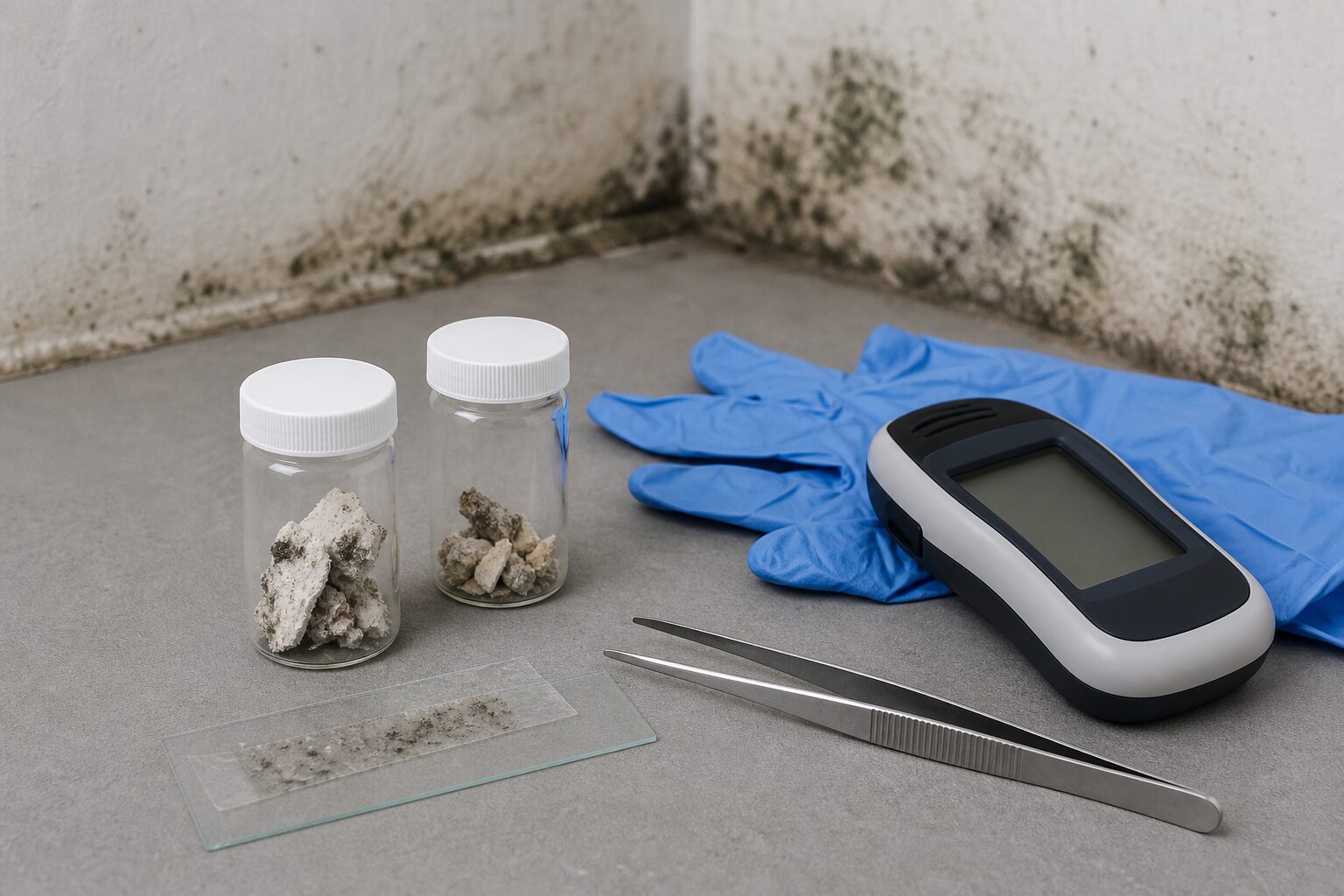 Klebefilmprobe auf einem Objektträger, zwei Probengläser mit Putzstücken, Pinzette, Handschuhe und ein Thermohygrometer vor einer befallenen Wandecke