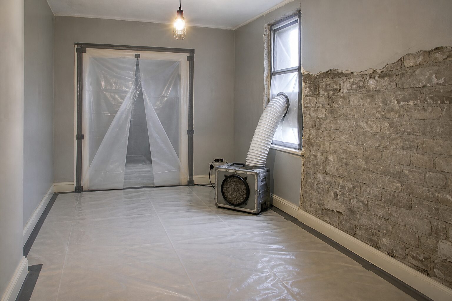 Leerer Raum als Schwarzbereich: mit Folie abgeklebte Türschleuse, ausgelegte Bodenfolie, Unterdruckgerät mit Abluftschlauch durchs Fenster, Putz bis aufs Mauerwerk abgetragen