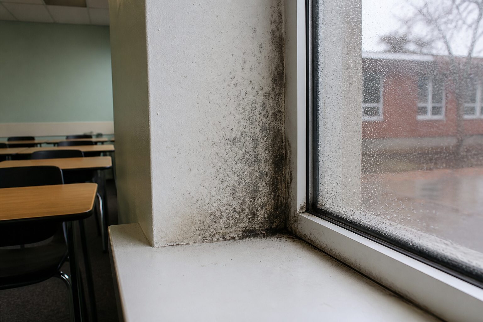 Fensterlaibung in einem Klassenraum mit dunklem Schimmel in der Ecke zur Fensterbank, Kondensat auf der Scheibe, im Hintergrund Schulbänke