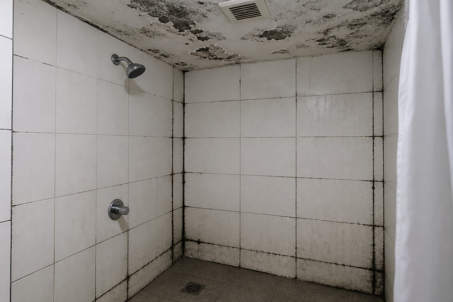 Gemeinschaftsdusche mit schwarzen Fugen zwischen den Wandfliesen und flächigem Schimmel an der Decke rund um das Abluftgitter